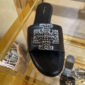 Tory Burch Women Everly Embellished Large Crystal Logo Flat Slide Sandal